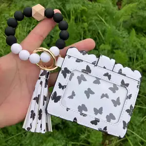 Portefeuille porte-clés en cuir PU léopard avec bracelet Bracelet Bracelet perles de Silicone Bracelet portefeuille porte-clés