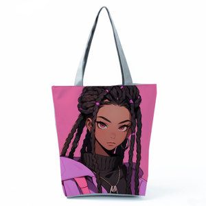Schwarze Mädchen-Cartoon-bedruckte lässige Tragetasche mit zwei Griffen, weiches Polyester, Reißverschluss, Damen-Handtasche für den täglichen Gebrauch, Reisen und Einkaufen - Product Image 6