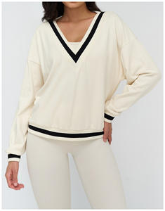 Haut en coton sexy à manches longues, col en V profond, coupe oversize, style <span class=keywords><strong>sweat</strong></span> à capuche, tissu color block, idéal pour le sport et les tenues décontractées, doux et agréable pour la peau - Product Image 1