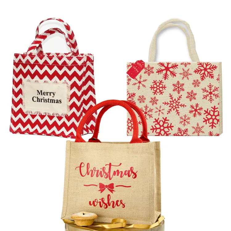 Wholesale free sample of fashion shop personalised heavy duty large recycling red white christmas jute shopping tote bag