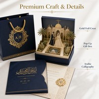 Suite d'invitations de mariage de luxe du Moyen-Orient, bleu marine et or, calligraphie arabe, monogramme, boîte cadeau avec carte palais pop-up