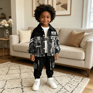 Veste en jean à imprimé graffiti pour garçons, t-shirt à manches longues à col rond uni, pantalon de jogging avec patch lettres, <span class=keywords><strong>tenue</strong></span> décontractée streetwear <span class=keywords><strong>hip</strong></span>-<span class=keywords><strong>hop</strong></span> - Product Image 4