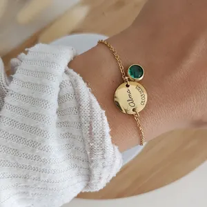 Custom Stainless Steel Jewelry Engrave Name Letter Personalized Disc Bracelet with Birth Stone Gold Plated Coin Jewelry