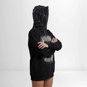 Felpa con Zip Unisex <span class=keywords><strong>Spider</strong></span> in Cotone 100% 300 Grammi, Stile Vintage con Effetto Invecchiato e Strass, Streetwear - Product Image 2