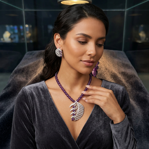 Brass Rhodium Plated Purple <b>Crystal</b> Beaded Feather Leaf Pendant Necklace CZ <b>Stud</b> <b>Earrings</b> Set for Wedding Engagement - Product Image 1