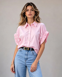 Hot Sale Women Lapel Blouse Loose Fit Ruffle <b>Flutter</b> Short <b>Sleeve</b> Casual Shirt Daily Ladies Collared <b>Top</b> - Product Image 6