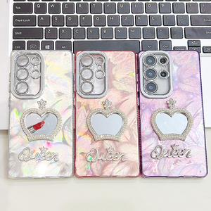 Funda de teléfono con diseño de plumas láser de lujo para iPhone 16 Pro Max 15 Pro 14 13 Diamond Queen Mirror Phone Cover para Samsung S25Ultra - Product Image 2