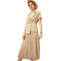 Ensemble tailleur jupe formel pour femme, fermeture à double boutonnage, polyester infroissable, jupe longue plissée évasée, élégant pour le bureau