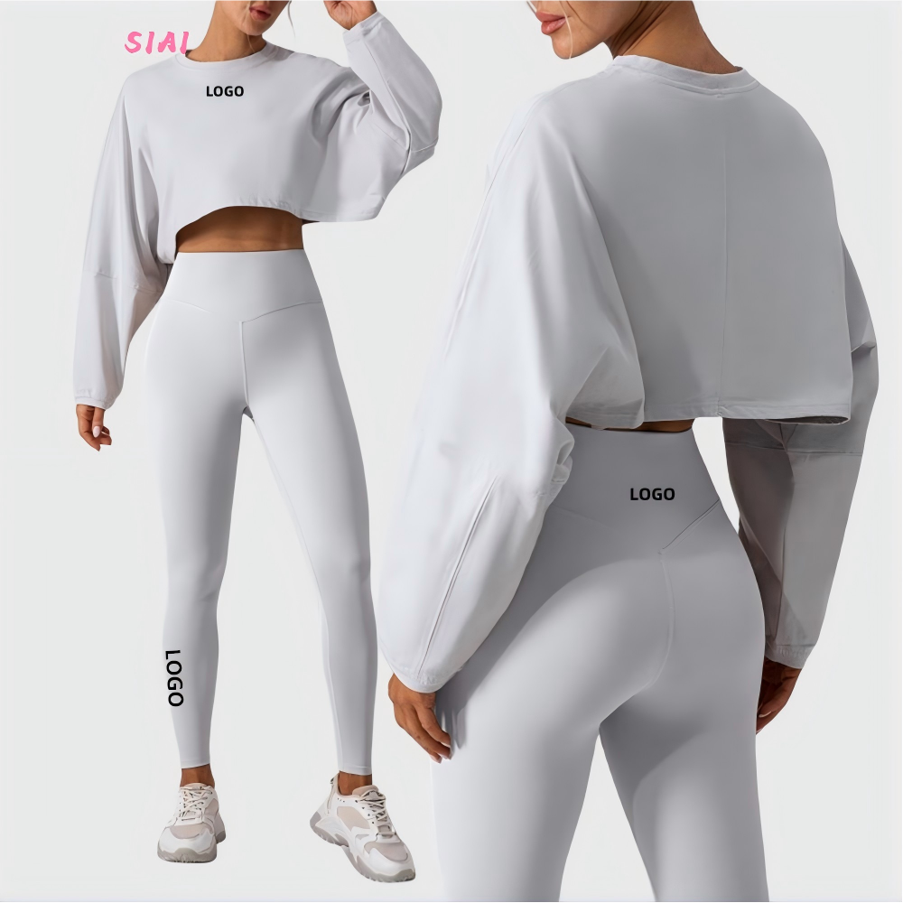 OEM ODM Plus Size Quick Dry Four-Way Stretch 2pc Sports Wear Women's Breathable Long Sleeve Crop Top & Leggings Yoga Set
