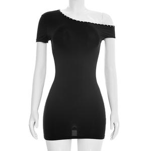 Viviblook C26DS041 Vestido de Verano Sexy para Mujer, Asimétrico, con Aberturas, Hombros Descubiertos, Manga Corta, Mini Vestido de Fiesta - Product Image 2