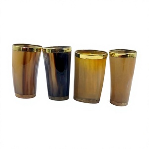 Gobelet à boire en corne de buffle polie, écologique et fait main, avec bordure en laiton, verre rond brun naturel pour la décoration de la maison - Product Image 1