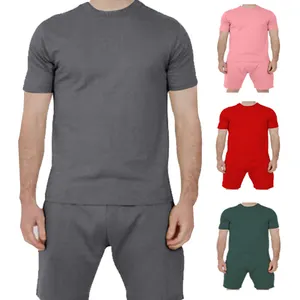 Conjunto de camiseta esportiva para homens, atacado de cor sólida e manga curta com gola redonda, shorts de lazer e esportes na moda