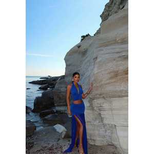 Costume jupe en satin bleu marine avec décoration boutonnée - Product Image 4