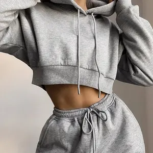 Custom Women Crop Top Loungewear Blank Hoodie Drawstring Crop Hoodie Joggers Sweatpants And Hoodie Sweatsuit 2 Piece Set Women