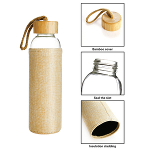 Ecologische herbruikbare borosilicaat glazen waterfles, BPA-vrij, met bamboe deksel en jute hoesje - Product Image 6