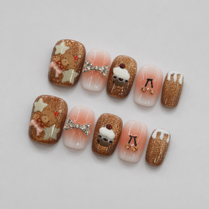 Uñas Postizas de Navidad con Diseño de Oso, Degradado Marrón y Rosa con Brillantina, Cortas, Forma Ataúd, Pre-Diseñadas, 10 Piezas - Product Image 6