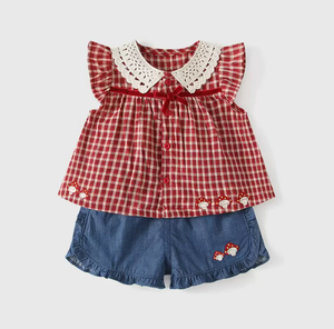 Bộ trang phục mùa hè cho bé gái Bộ áo vest denim Quần short denim có ren Áo sơ mi ren cotton - Product Image 5