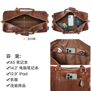 Sac de voyage vintage en cuir véritable Crazy Horse, valise à roulettes haut de gamme en cuir pleine fleur, sac de voyage d'affaires pour hommes 36-55L - Product Image 4