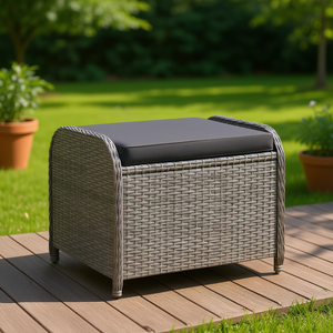 Gray Poly Rattan Patio <b>Stool</b> With <b>Cushion</b> 22.8x18.1x18.1 Outdoor Garden Chair Contemporary Design - Product Image 2