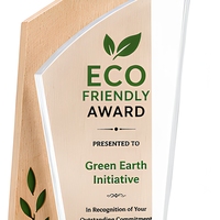 Trophée personnalisé en bois recyclé écologique avec gravure acrylique pour événements d'entreprise