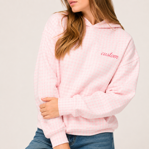 <span class=keywords><strong>Felpa</strong></span> con Cappuccio Oversize Personalizzata da Donna in Cotone 100% con Stampa Gingham e Logo Ricamato sul Petto - Product Image 2