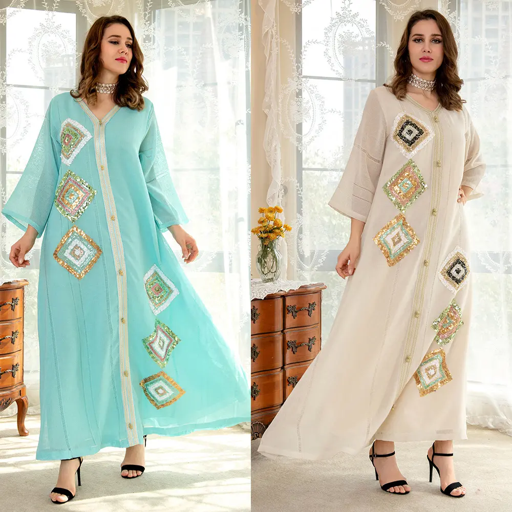Mode Linen Katun Bordir Payet Jalabiya untuk Jubah Wanita Ramadan Gaun Muslim Wanita Abaya