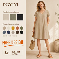 Robe trapèze décontractée pour femme en mélange de lin 220 GSM, col en V, manches courtes, respirante, couleur unie, personnalisable avec logo OEM ODM, tailles XS-5XL
