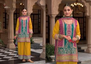 High Quality Indian & Pakistani Beautifully Embroidered Chinon <b>Kurti</b> Dupatta Plazo Set Festive Party Wear - Product Image 6