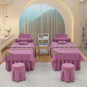 ชุดเครื่องนอนผ้าฝ้ายและผ้าลินินสำหรับร้านเสริมสวยชุดผ้าปูเตียงปักลายไฮเอนด์กระโปรงคลุมเตียงสีม่วงชุดป้องกันที่นอน - Product Image 1