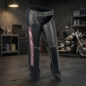 Pantalones de moto para mujer Samroz Sports, de cuero negro clásico con rayas rosas, de tiro bajo, con efecto desgastado, personalizables en color y logotipo, de alta calidad. - Product Image 3