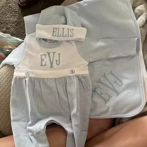 Mameluco personalizado para bebé <span class=keywords><strong>recién</strong></span> nacido, conjunto de Manta, mono de cuello redondo de algodón a rayas azules para bebé, ropa infantil para bebé 2025 - Product Image 1