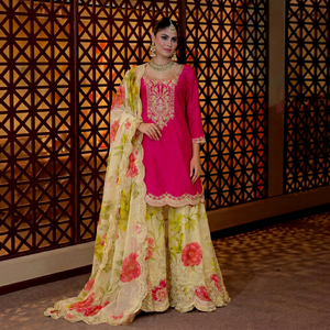 Conjunto de Salwar Kameez Bordado con Dupatta Floral, Vestido Tradicional Pakistaní para Mujer, para Fiestas y Bodas, en Seda Chinon Pesada - Product Image 1