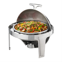 Plat à chafing rond chauffant de 6 L en acier inoxydable, alimenté au gaz, avec couvercle roulant et chauffe-plats intégré, couleur argent, idéal pour les réceptions et mariages