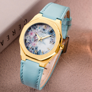 Foksy Fabricant Fleur élégante Bracelet en cuir en acier inoxydable étanche <span class=keywords><strong>Montre</strong></span> <span class=keywords><strong>à</strong></span> quartz de luxe pour femmes <span class=keywords><strong>à</strong></span> prix réduit - Product Image 1
