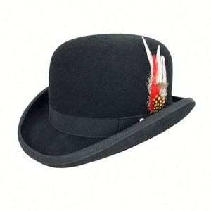 High Quality Black Hard Wool Felt Bowler <b>Hat</b> with Feather <b>for</b> Party Inspired by America Music Festival - Product Image 1