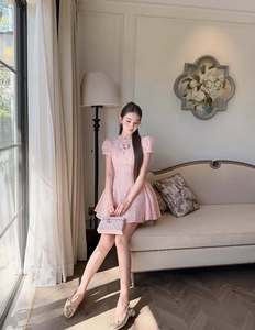 Wholesale Sweet Pink <b>Mini</b> Dress Women Short <b>Lantern</b> Sleeve Jacquard Party Elegant Vintage Coquette Custom Anti-static Breathable - Product Image 5