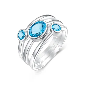 Women 3 Stone Silver Rings Sets Blue Topaz Gemstone Real Pure Sterling Silver 925 Ring Eternity Jewels Wholesale