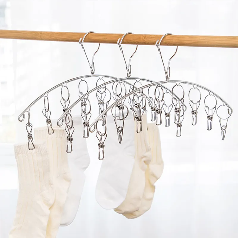 Stainless steel laundry drying rack windproof clothes hanger with 8 clips