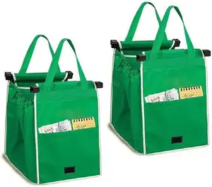 2 Pack Herbruikbare Niet-Geweven Winkelwagentassen Grab And Go Bag Opvouwbare Boodschappentassen Met Handgrepen Clip Op Winkelwagentje