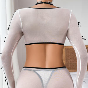 Conjunto de lencería de tres piezas con falda transparente, top halter de manga larga con lazo en contraste y malla sexy. - Product Image 6