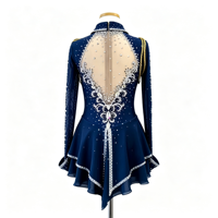 Robe de patinage artistique bleu marine avec strass, manches longues, pour enfants et adultes, pour compétitions sur glace et spectacles