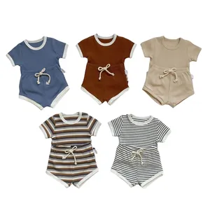 Kids Clothing Atacado Newborn Unisex Baby Clothes Basic Stripe Rib Knit Set