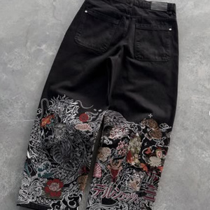 <span class=keywords><strong>Jeans</strong></span> streetwear baggy Y2K, style hip-hop, avec couture personnalisée, bleu délavé soleil, effet vintage, délavé à l'acide, broderie 3D et motif graphique japonais - Product Image 2