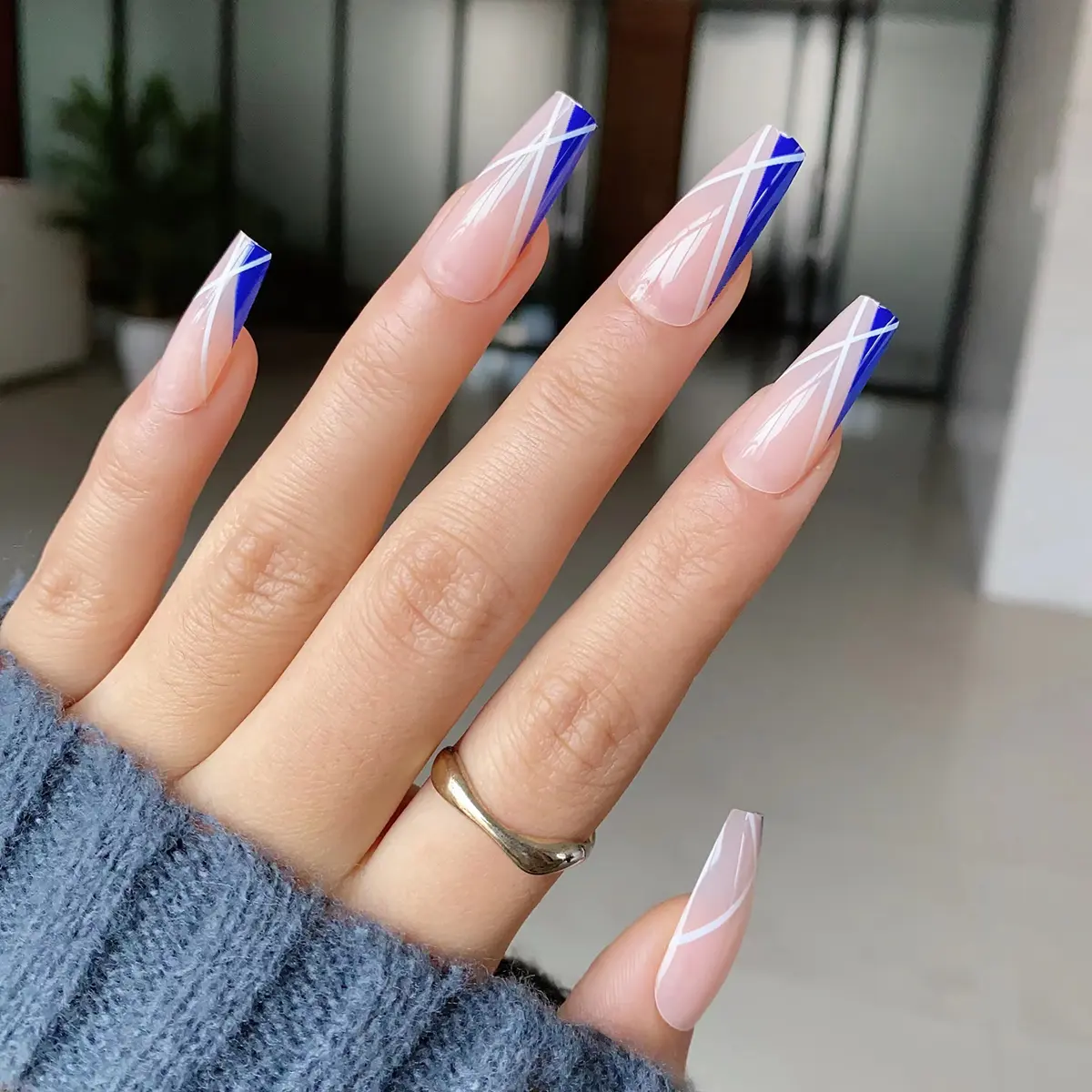 ABS Blue French White Line Strong Fresh Color Cloud Printing Medium Length Ballerina Ballet Faux Press On Nails Tips