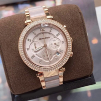 Montre pour femme en or rose avec bracelet en acier inoxydable, lunette en cristal, cadran rose brillant, montre-bracelet à quartz tendance pour soirée
