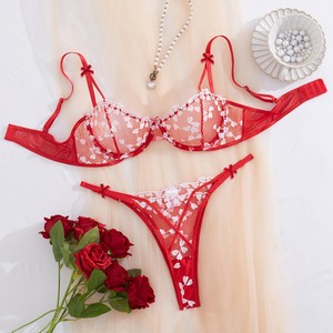 Ensemble de lingerie sexy transfrontalier européen et américain avec broderie en forme de cœur en maille, soutien-gorge push-up à armatures, pur et élégant. - Product Image 2
