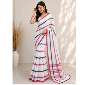 Sari de Algodón Mul Premium para Mujer, Elegante con Borde Bordado a Rayas, Tela Suave y Transpirable, Colección de Moda Étnica - Product Image 4
