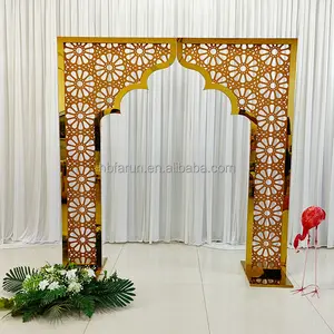 浪漫雕花镜子婚礼拱门金色金属舞台背景架，用于节日活动装饰