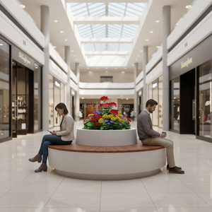 Banc de jardinage circulaire moderne en GRC sur mesure avec lattes en teck durables pour les espaces de loisirs extérieurs des parcs et des centres commerciaux - Product Image 6