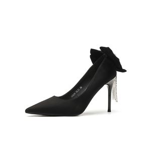 Escarpins à talon aiguille pointu pour femme 9888H avec nœud décoratif, chaussures de cérémonie, taille 36, talon très haut, en daim noir - Product Image 5